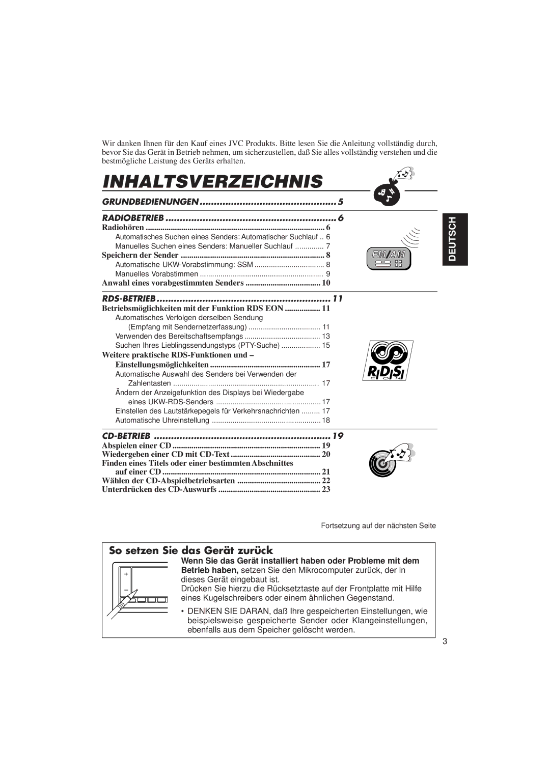 JVC KD-LX3R manual Inhaltsverzeichnis, So setzen Sie das Gerät zurück 