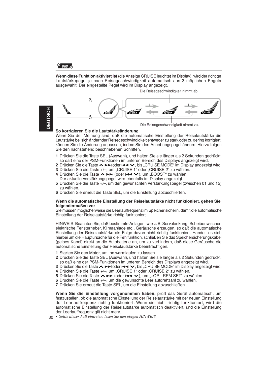 JVC KD-LX3R manual So korrigieren Sie die Lautstärkeänderung, Starten Sie den Motor, um ihn warmlaufen zu lassen 