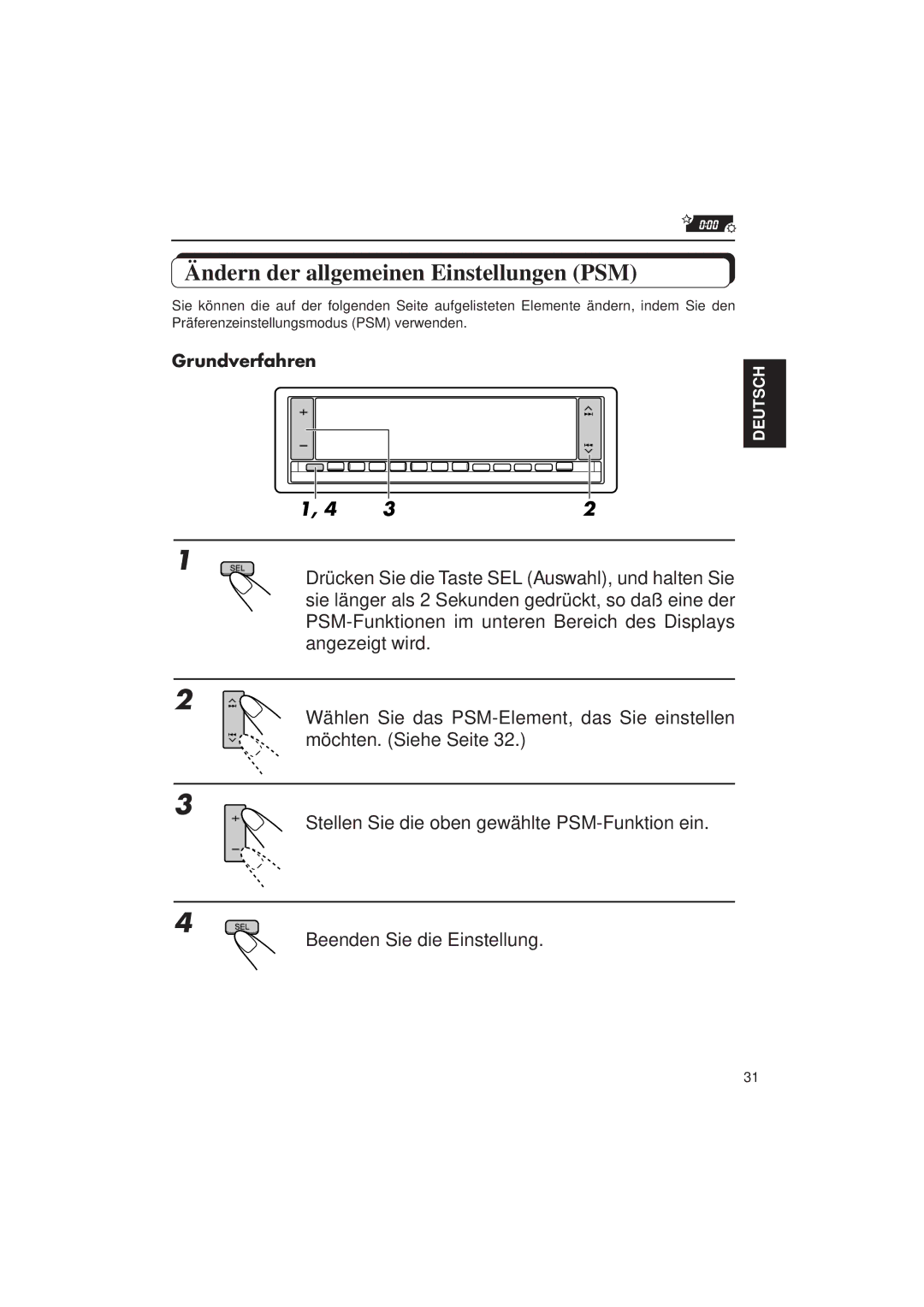 JVC KD-LX3R manual Ändern der allgemeinen Einstellungen PSM, Grundverfahren 