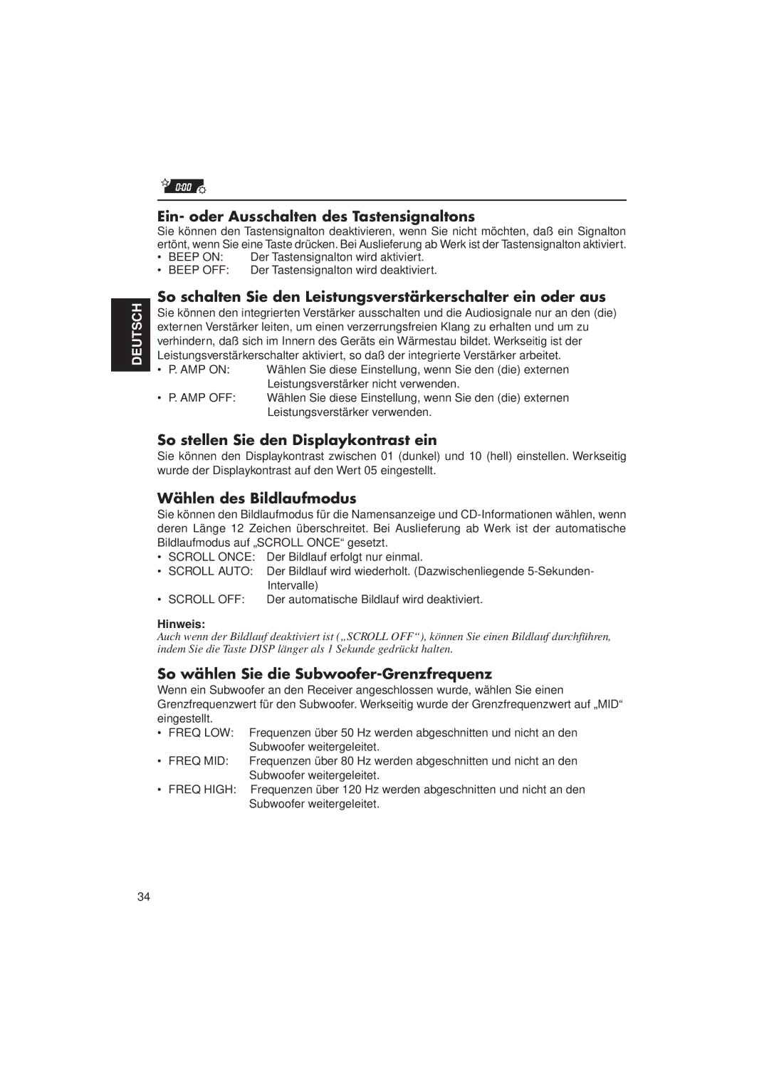 JVC KD-LX3R Ein- oder Ausschalten des Tastensignaltons, So stellen Sie den Displaykontrast ein, Wählen des Bildlaufmodus 