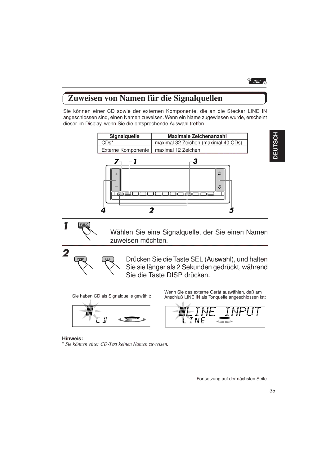 JVC KD-LX3R manual Zuweisen von Namen für die Signalquellen, Signalquelle Maximale Zeichenanzahl 