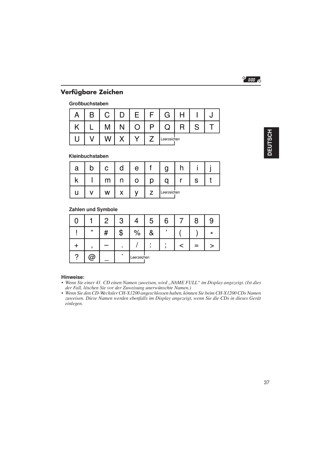 JVC KD-LX3R manual Verfügbare Zeichen, Großbuchstaben, Kleinbuchstaben, Zahlen und Symbole 