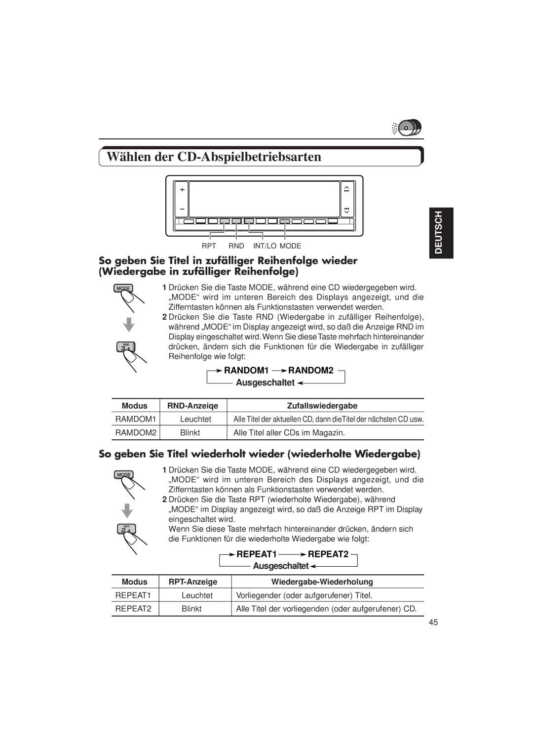 JVC KD-LX3R manual Modus RND-Anzeiqe Zufallswiedergabe, Modus RPT-Anzeige Wiedergabe-Wiederholung 