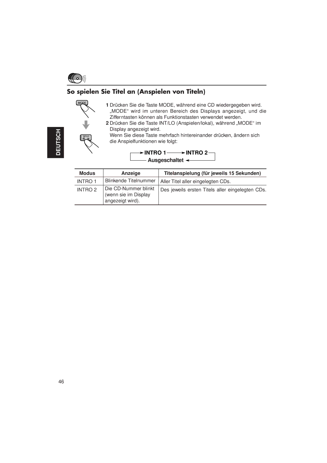 JVC KD-LX3R manual Intro, Modus Anzeige Titelanspielung für jeweils 15 Sekunden 