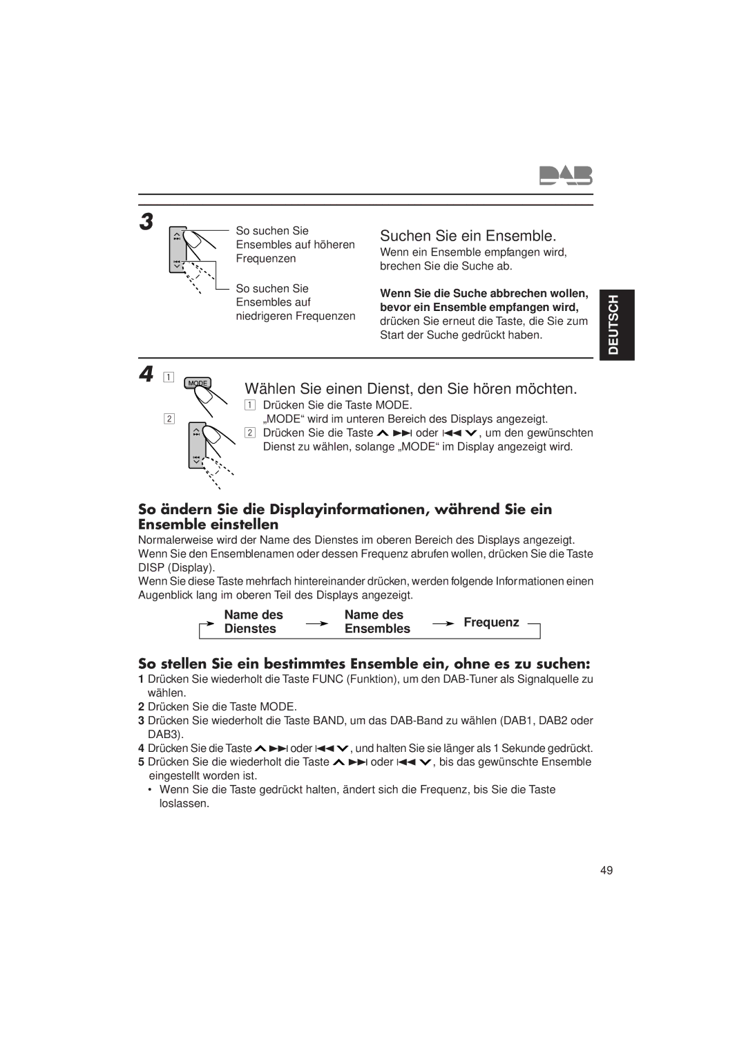 JVC KD-LX3R manual Suchen Sie ein Ensemble, Wählen Sie einen Dienst, den Sie hören möchten, Service name 