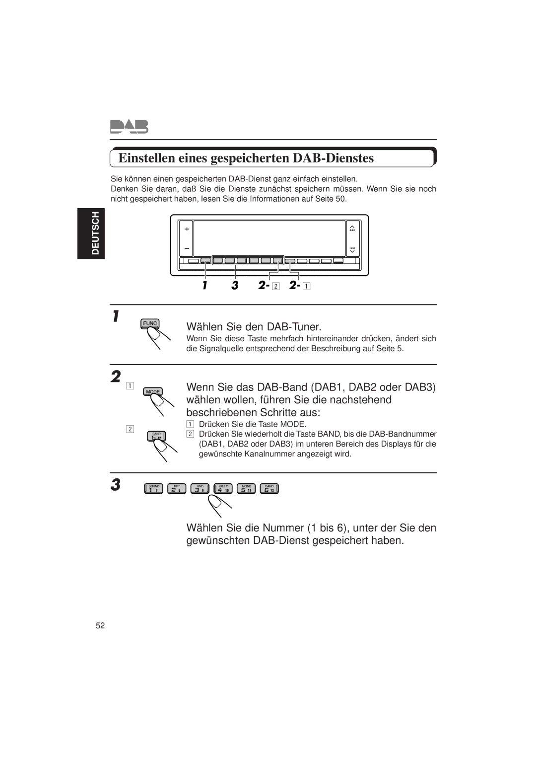 JVC KD-LX3R manual Einstellen eines gespeicherten DAB-Dienstes, 2- 2 2 