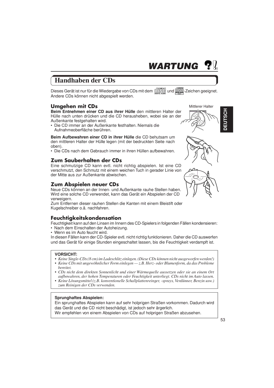 JVC KD-LX3R manual Wartung, Handhaben der CDs 