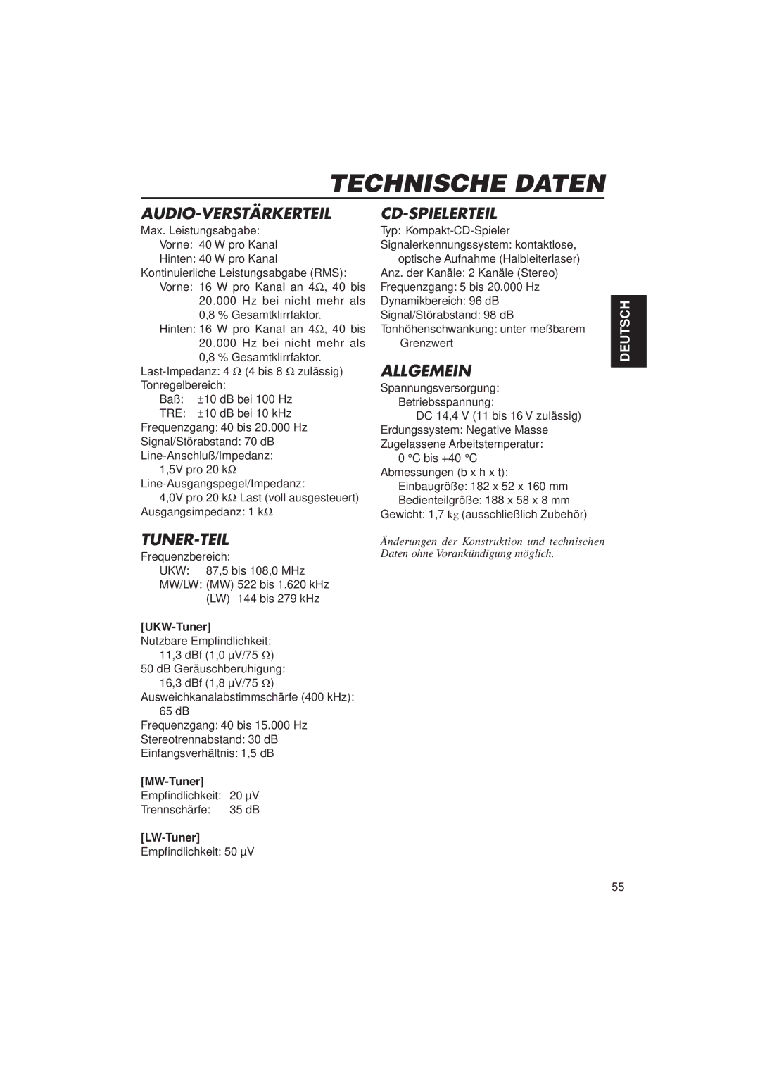 JVC KD-LX3R manual Technische Daten, UKW-Tuner, MW-Tuner, LW-Tuner 