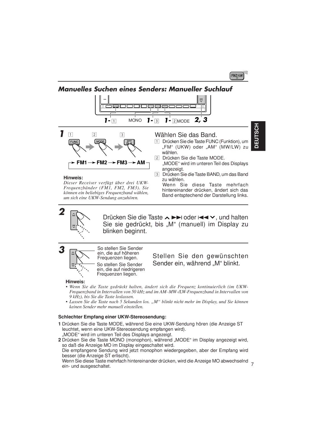 JVC KD-LX3R manual Und halten, Drücken Sie die Taste ¢oder, Stellen Sie den gewünschten Sender ein, während „M blinkt 