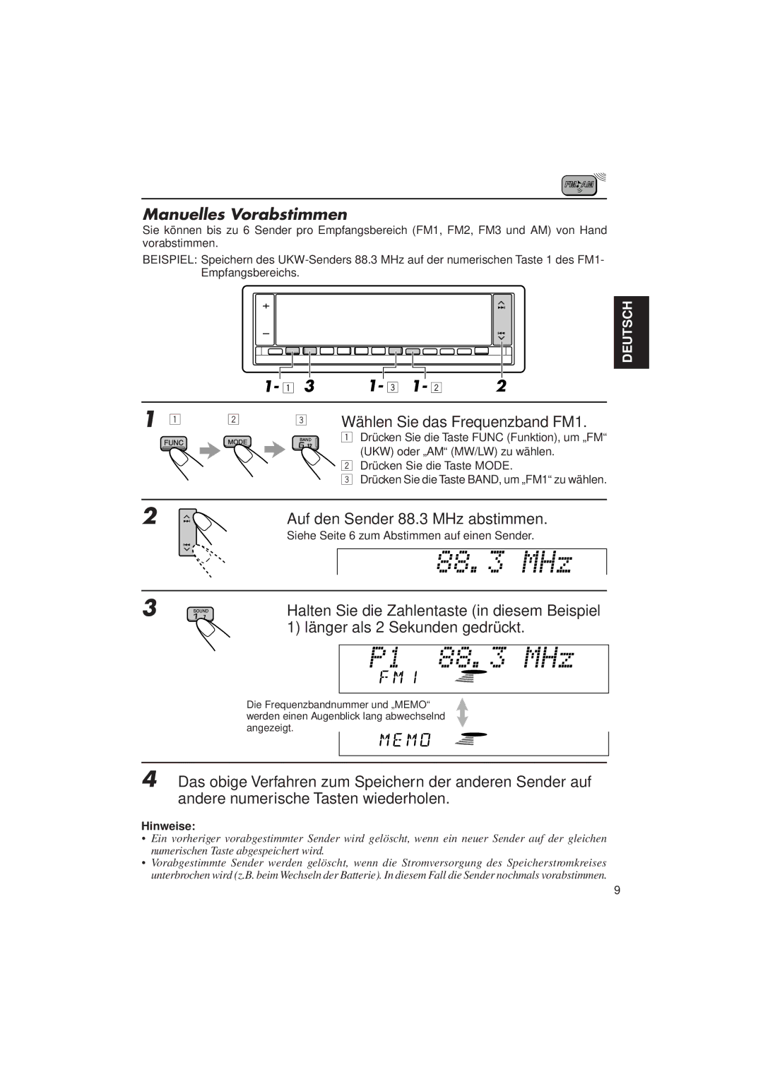 JVC KD-LX3R manual Manuelles Vorabstimmen, Wählen Sie das Frequenzband FM1, Auf den Sender 88.3 MHz abstimmen 