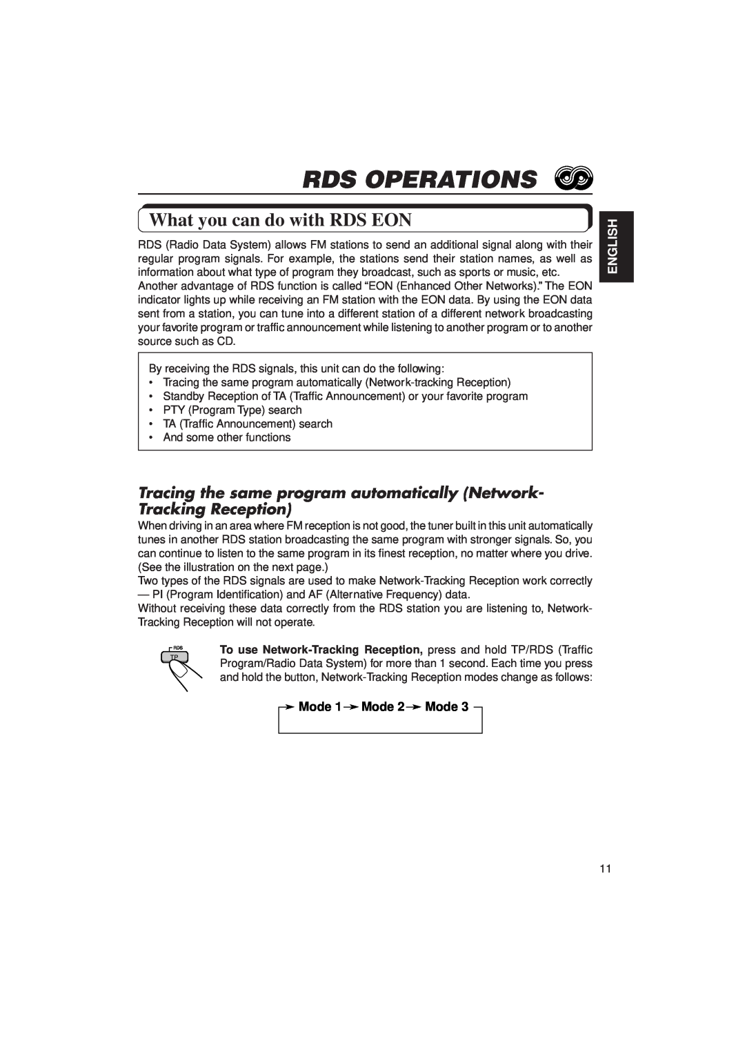 JVC KD-LX3R manual Rds Operations, What you can do with RDS EON, English, Mode 1 Mode 2 Mode 