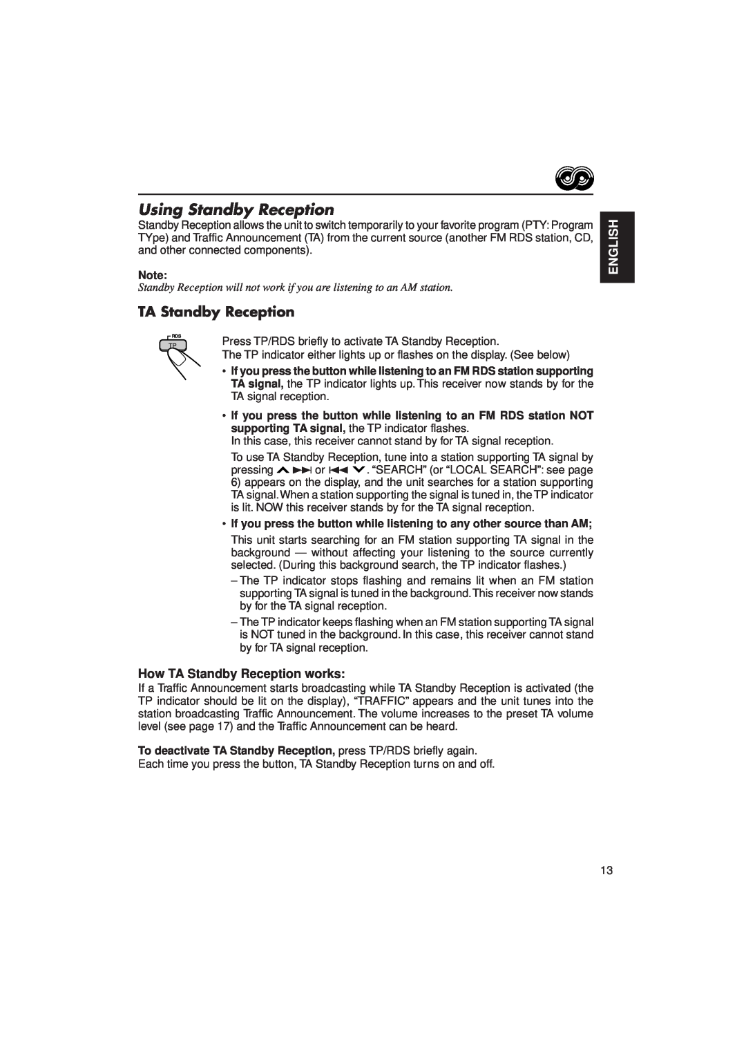 JVC KD-LX3R manual Using Standby Reception, How TA Standby Reception works, English 