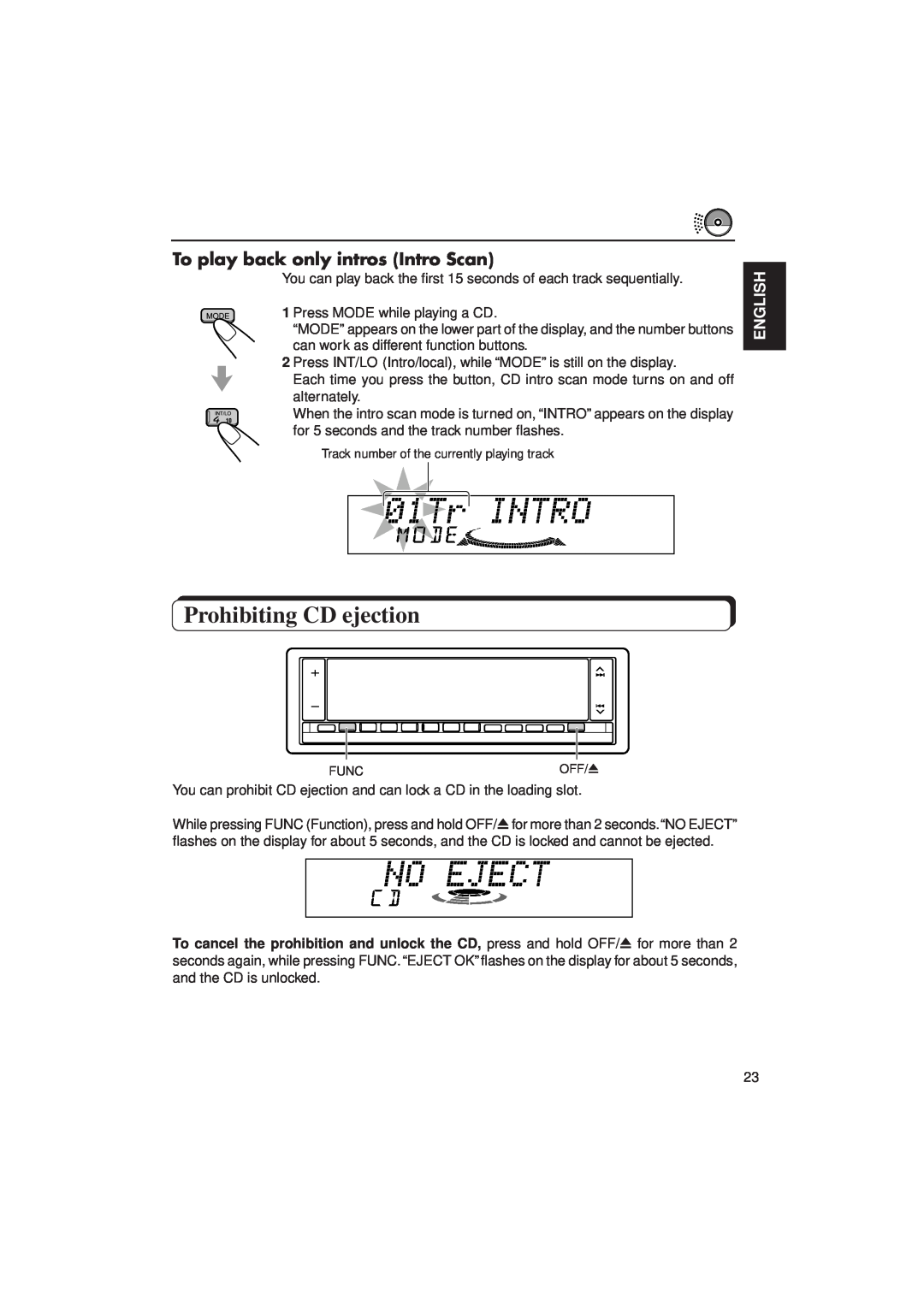 JVC KD-LX3R manual Prohibiting CD ejection, To play back only intros Intro Scan, English 