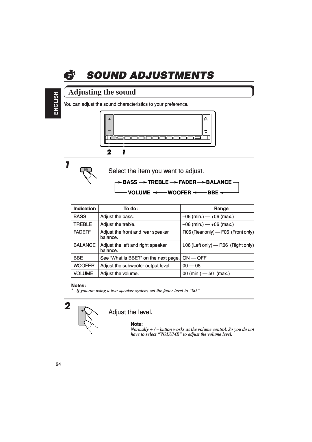 JVC KD-LX3R Sound Adjustments, Adjusting the sound, Select the item you want to adjust, Adjust the level, English, Bass 