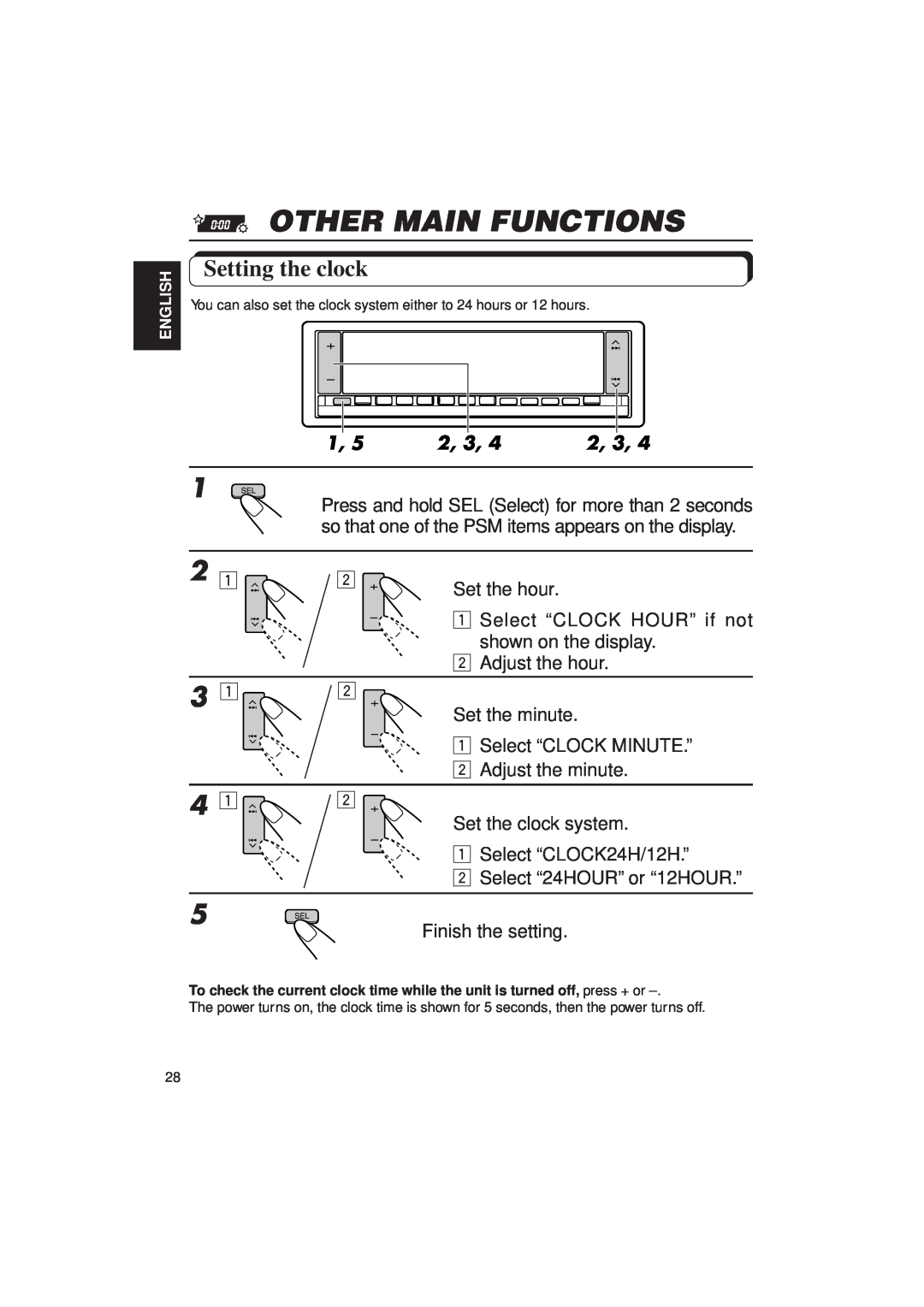 JVC KD-LX3R manual Other Main Functions, Setting the clock 