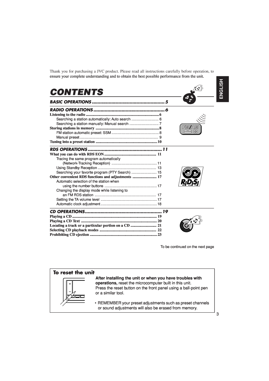 JVC KD-LX3R manual Contents, To reset the unit, English 