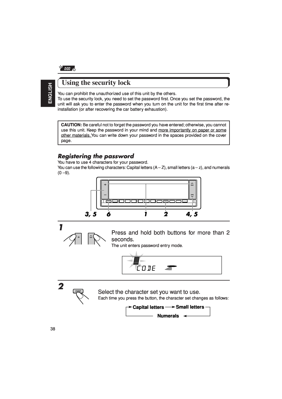 JVC KD-LX3R manual Using the security lock, Select the character set you want to use, Registering the password, English 