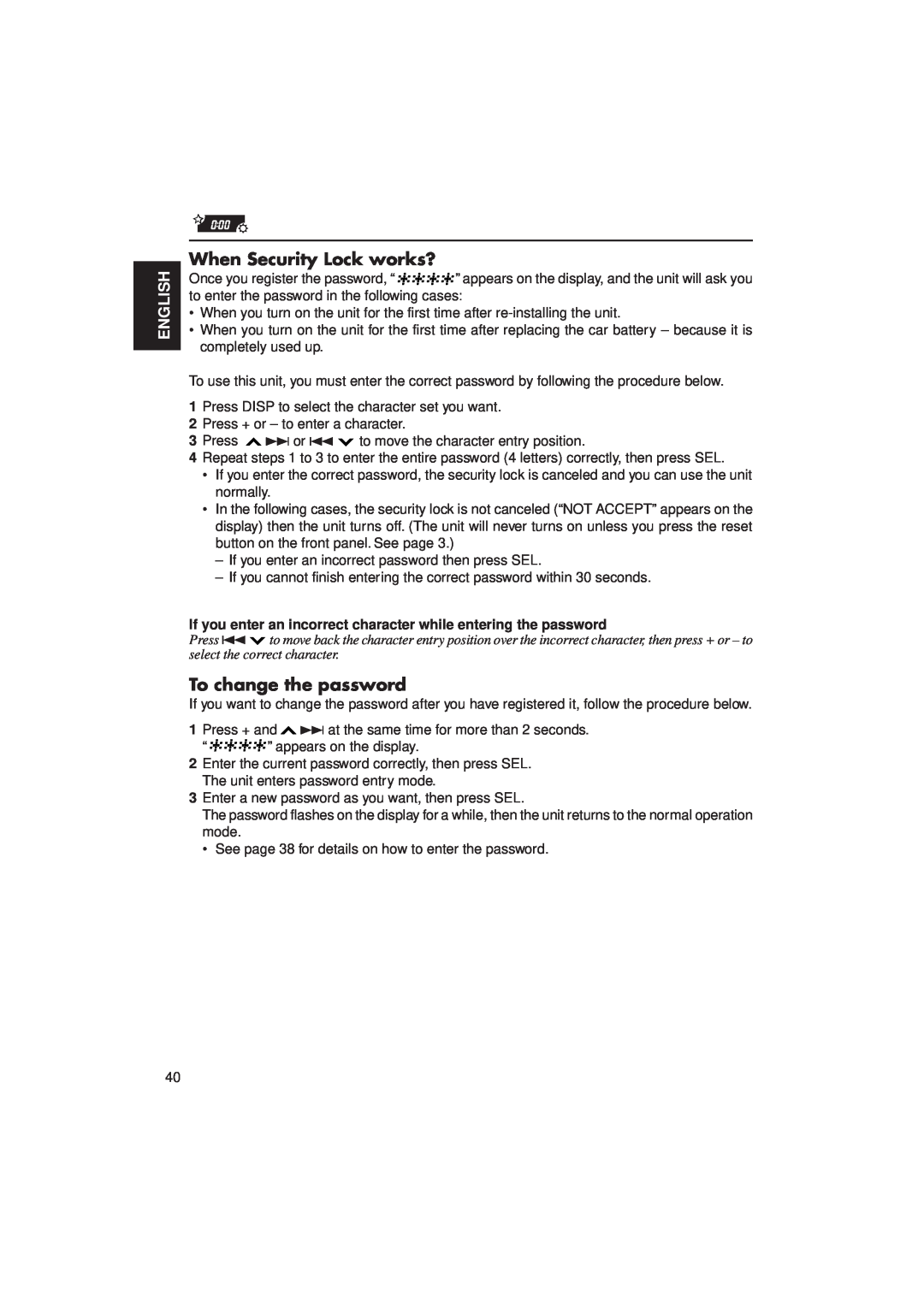 JVC KD-LX3R manual When Security Lock works?, To change the password, English 