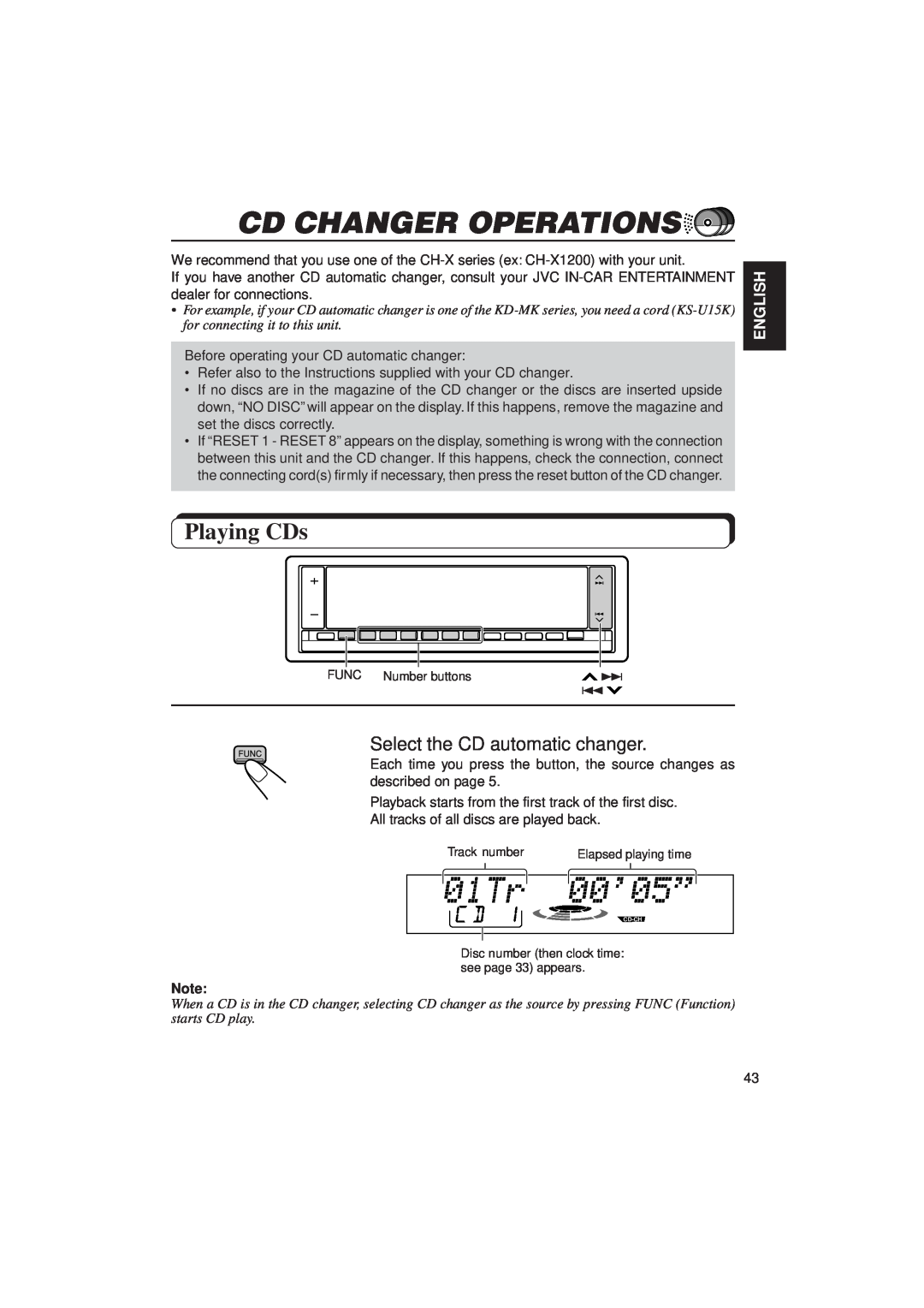 JVC KD-LX3R manual Cd Changer Operations, Playing CDs, Select the CD automatic changer, English 