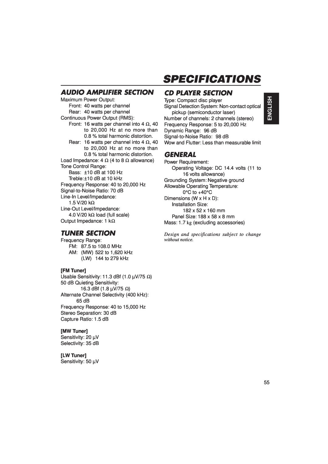 JVC KD-LX3R manual Specifications, English, FM Tuner, MW Tuner, LW Tuner 