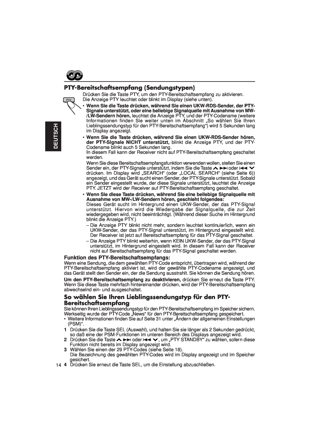 JVC KD-LX3R manual PTY-BereitschaftsempfangSendungstypen, Deutsch, Funktion des PTY-Bereitschaftsempfangs 