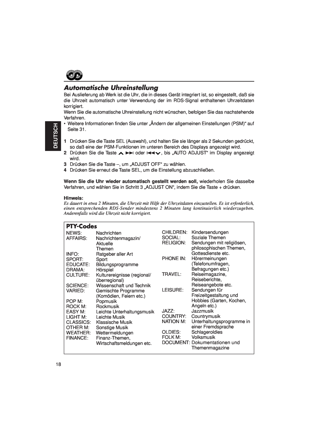 JVC KD-LX3R manual Automatische Uhreinstellung, PTY-Codes, Deutsch, Hinweis 