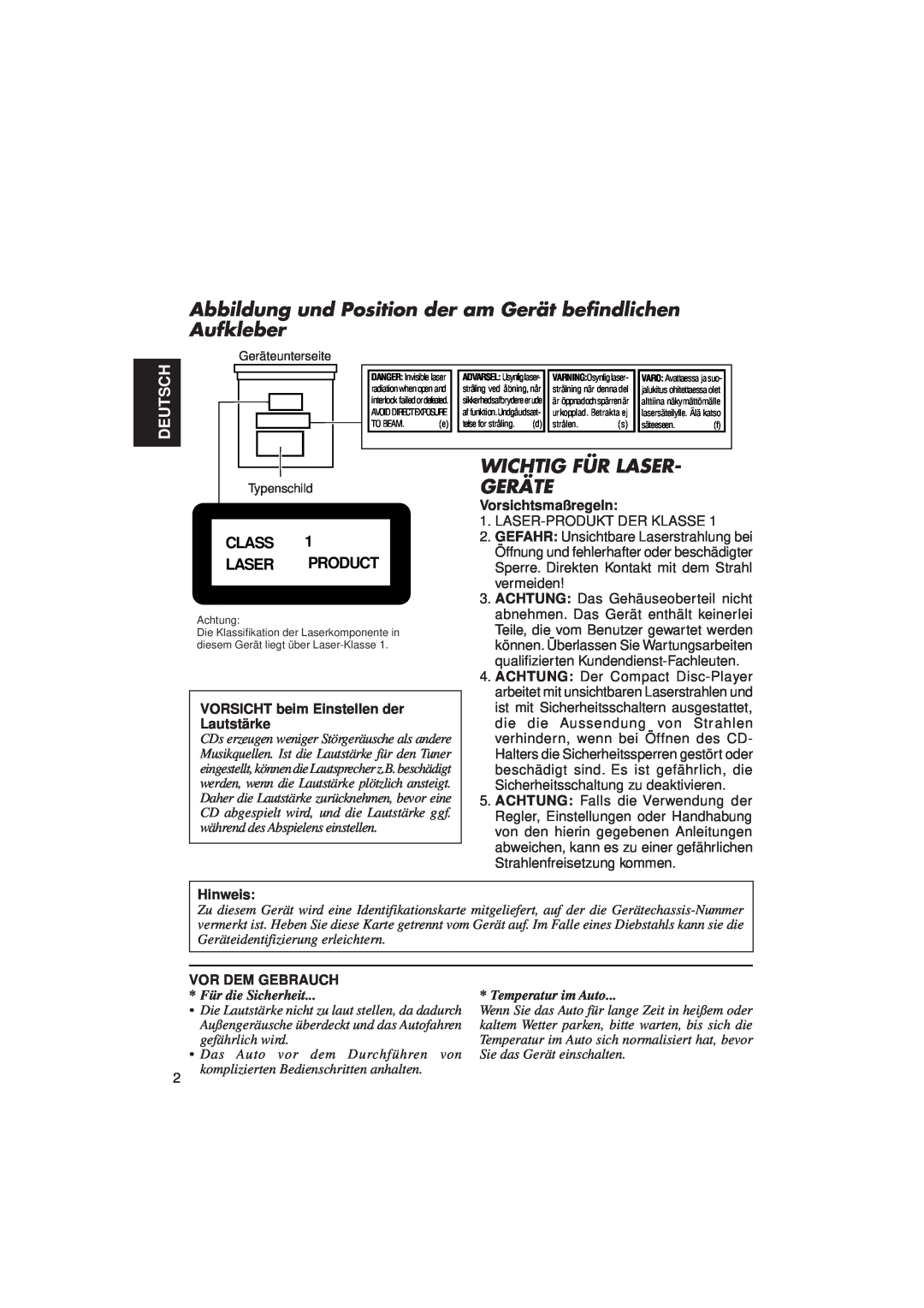 JVC KD-LX3R manual Deutsch, Class Laser Product, VORSICHT beim Einstellen der Lautstärke, Vorsichtsmaßregeln, Hinweis 