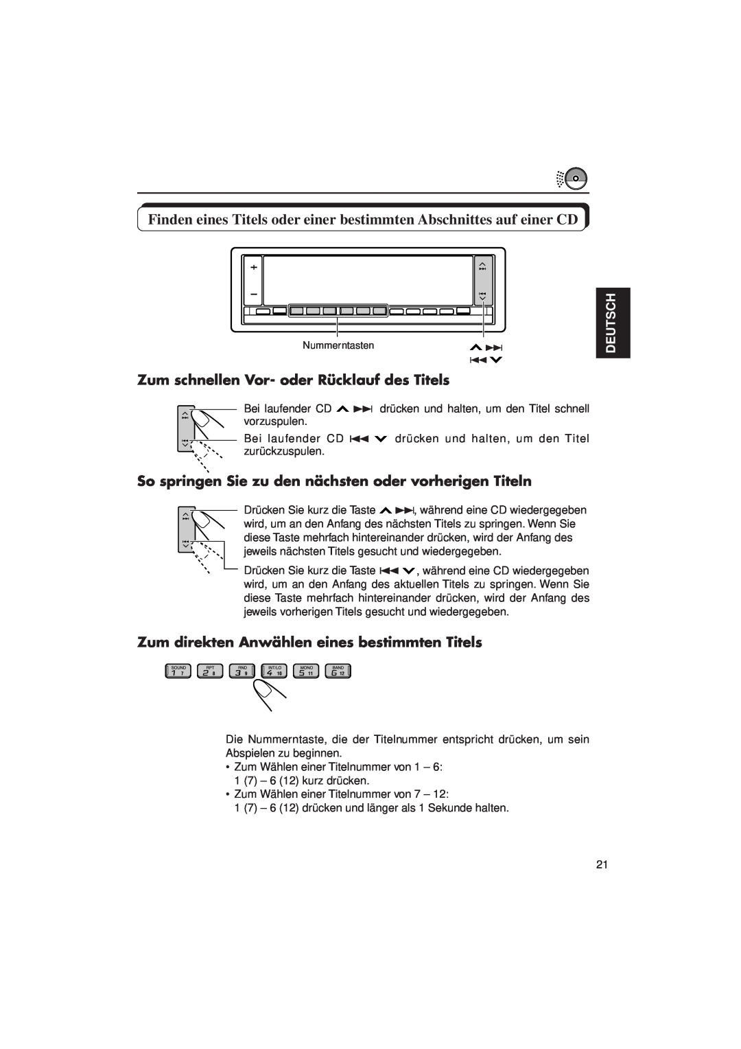 JVC KD-LX3R manual Zum schnellen Vor- oder Rücklauf des Titels, Zum direkten Anwählen eines bestimmten Titels, Deutsch 