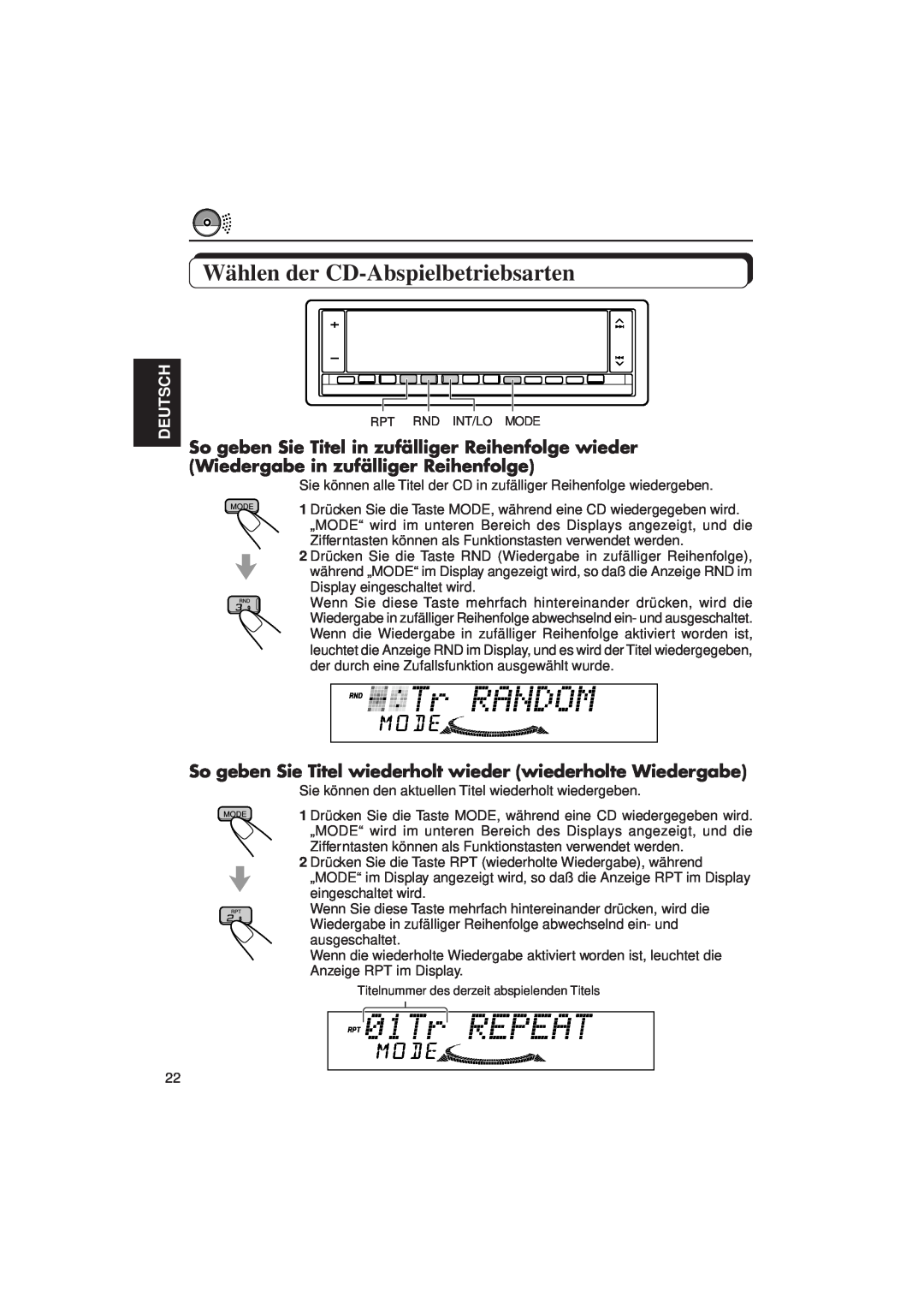 JVC KD-LX3R manual Wählen der CD-Abspielbetriebsarten 