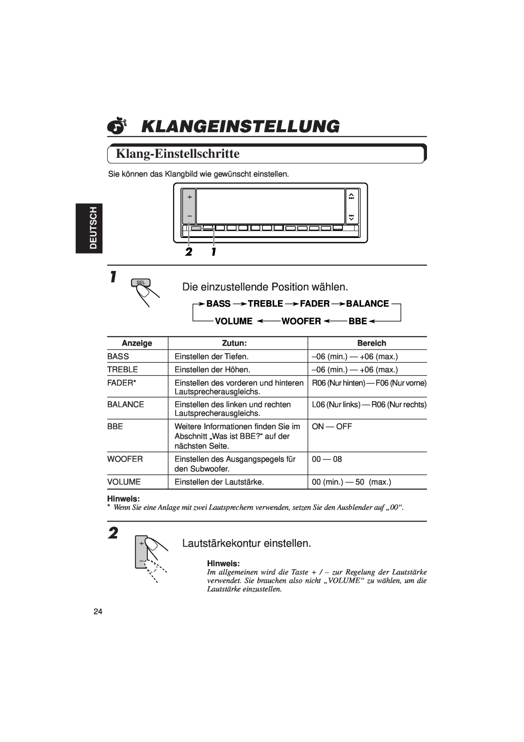 JVC KD-LX3R manual Klangeinstellung, Klang-Einstellschritte, Deutsch, Bass, Treble, Fader, Balance, Volume, Woofer, Anzeige 