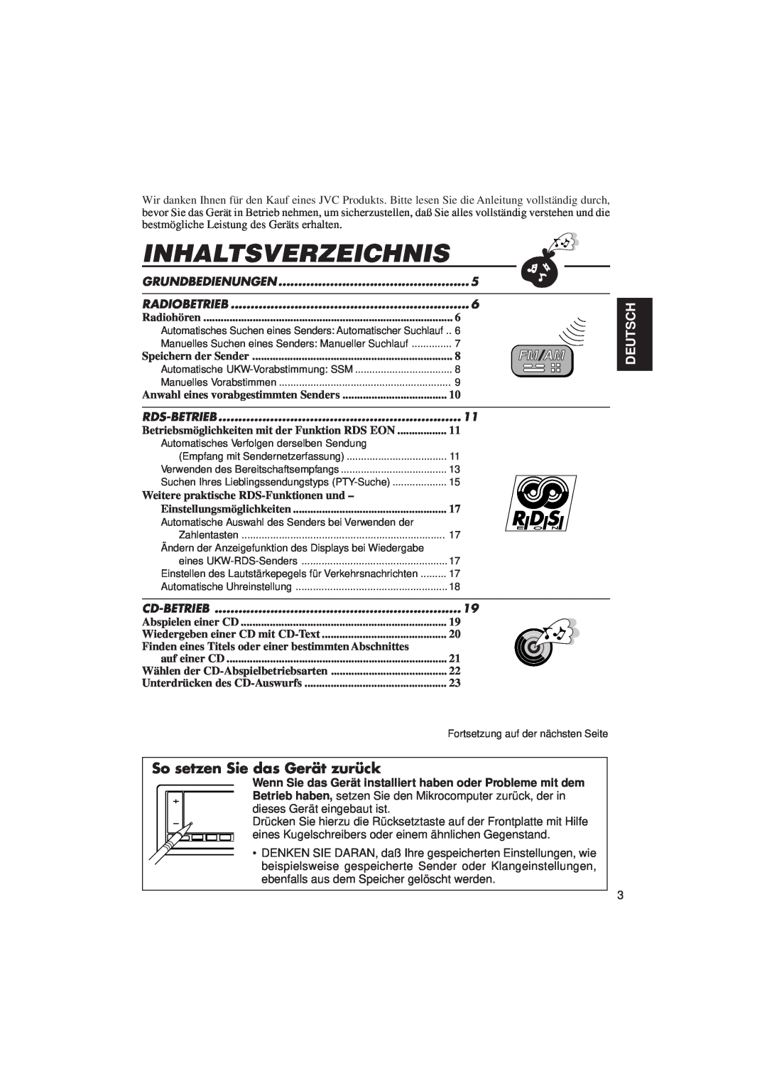 JVC KD-LX3R manual Inhaltsverzeichnis, So setzen Sie das Gerät zurück, Deutsch 