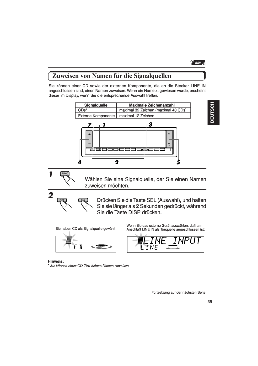 JVC KD-LX3R manual Zuweisen von Namen für die Signalquellen, Deutsch, Maximale Zeichenanzahl, Hinweis 