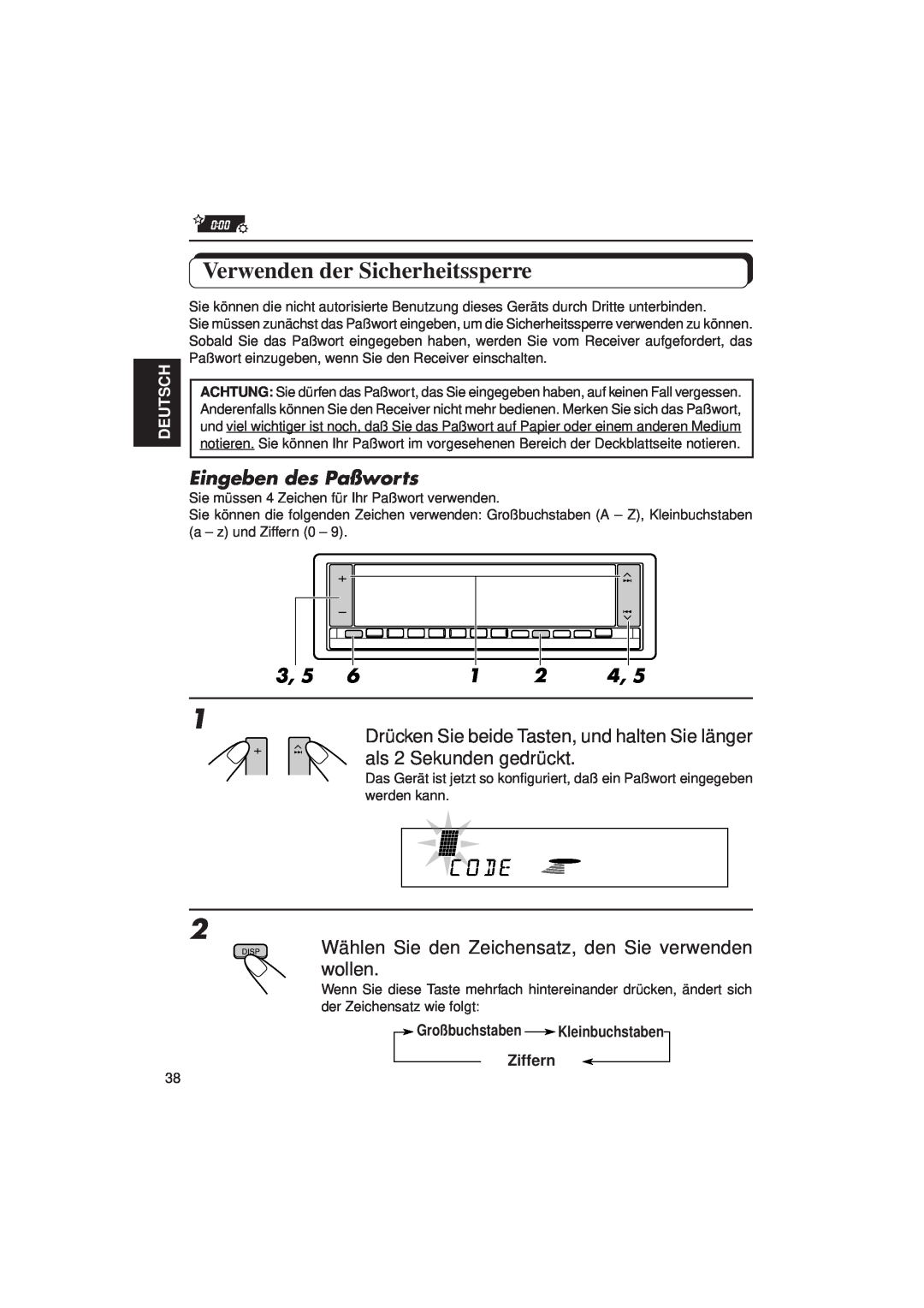 JVC KD-LX3R manual Verwenden der Sicherheitssperre, Eingeben des Paßworts 