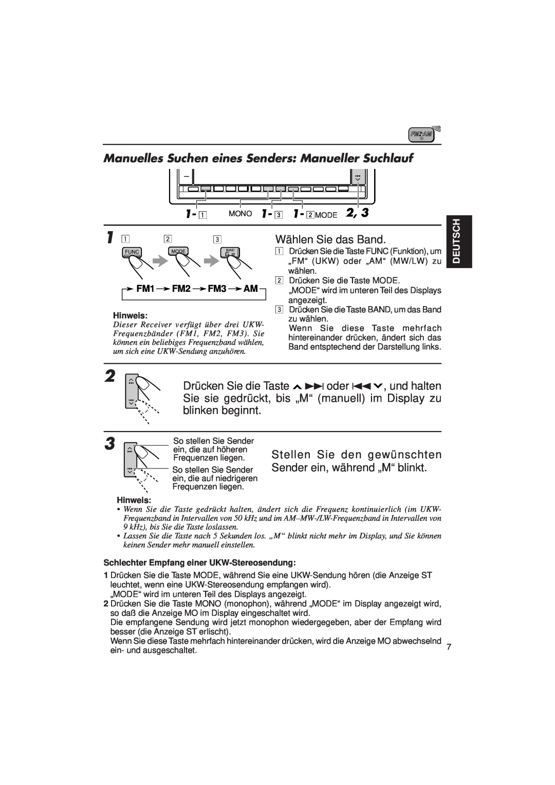 JVC KD-LX3R manual FM1 FM2 FM3 AM, Deutsch, Hinweis, Schlechter Empfang einer UKW-Stereosendung 