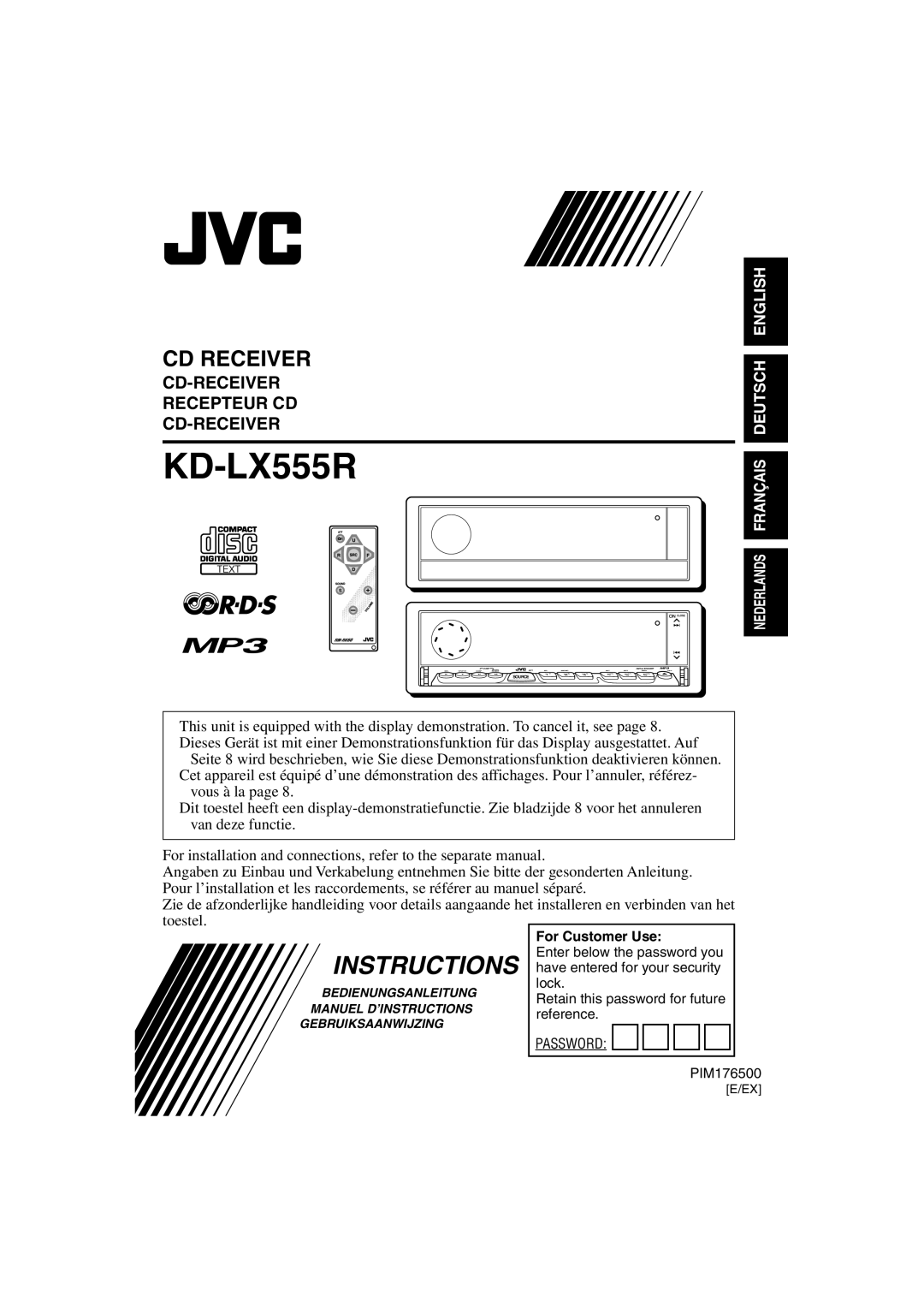 JVC KD-LX555R manual For Customer Use, Password 