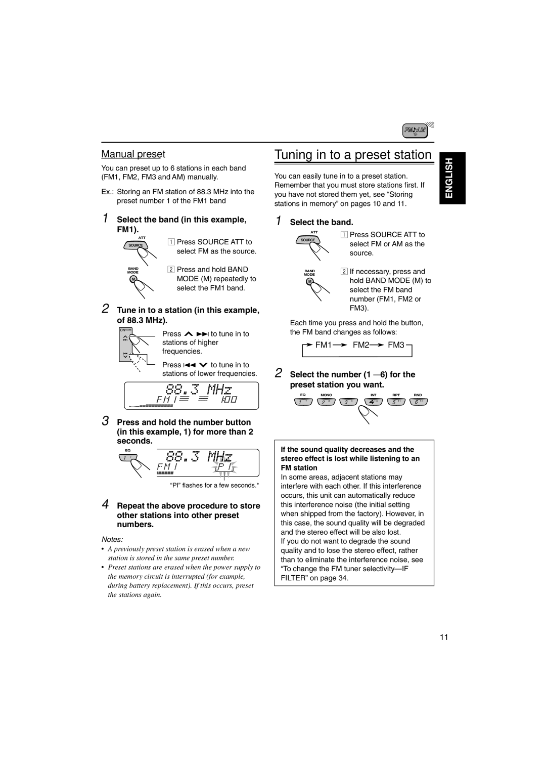 JVC KD-LX555R manual Tuning in to a preset station, Manual preset, Select the band in this example, FM1 