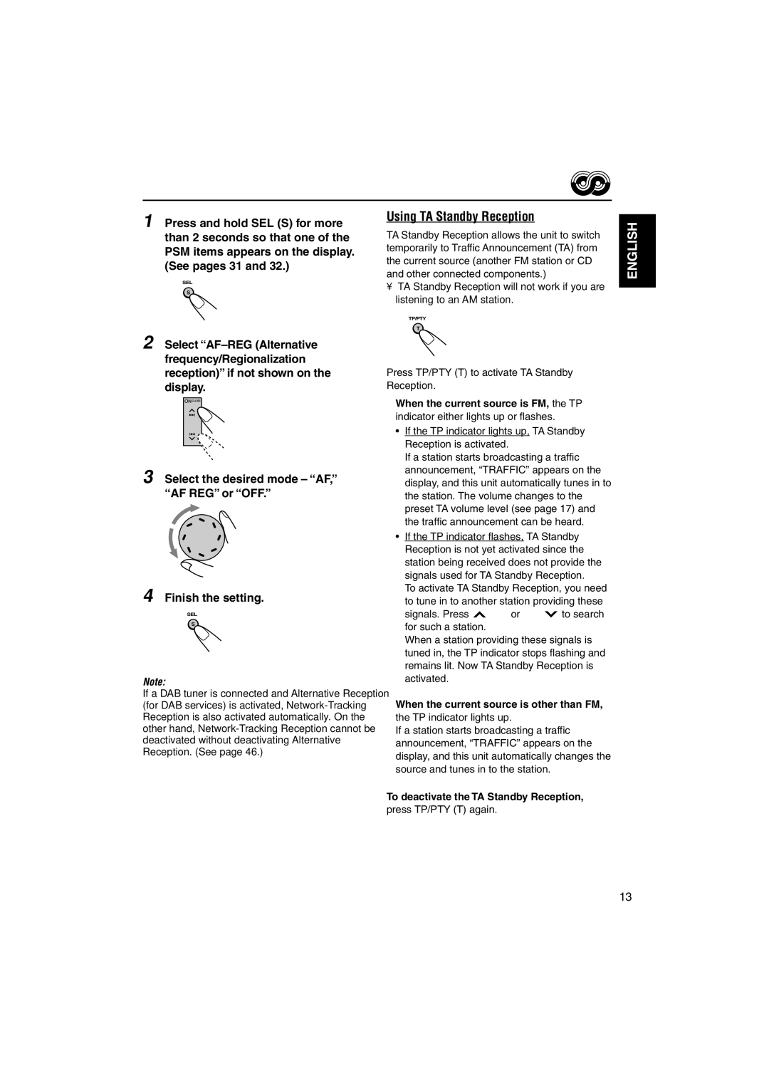 JVC KD-LX555R manual Using TA Standby Reception, Press TP/PTY T to activate TA Standby Reception, Press TP/PTY T again 