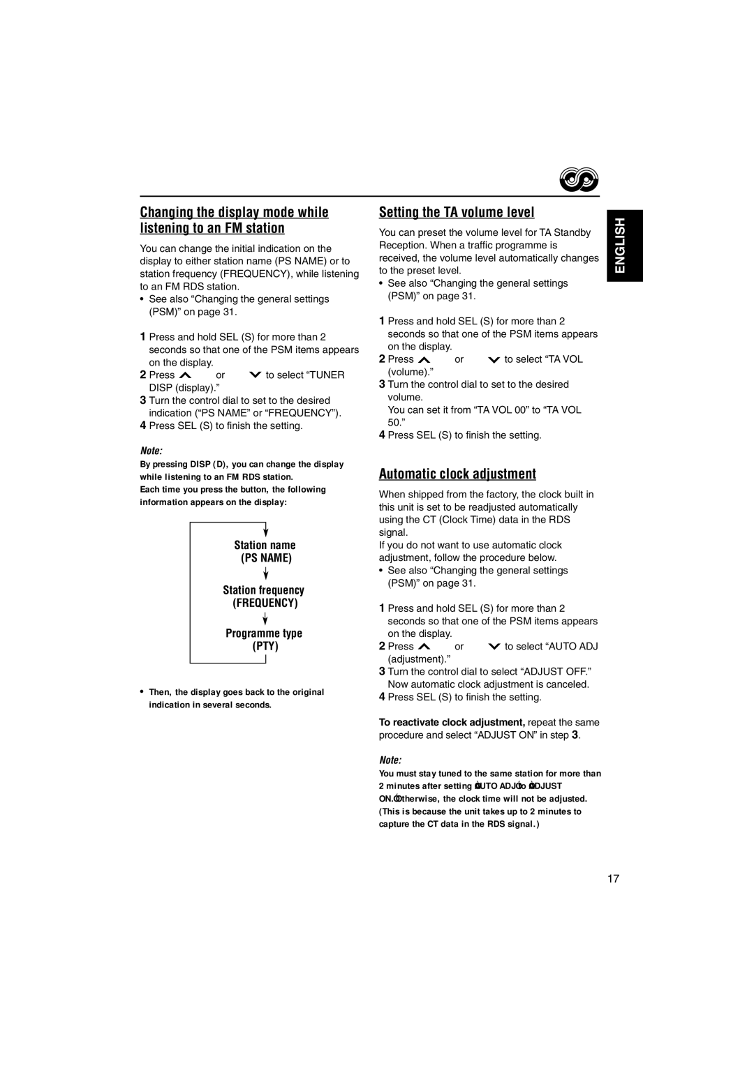 JVC KD-LX555R manual Setting the TA volume level, Automatic clock adjustment, Frequency 