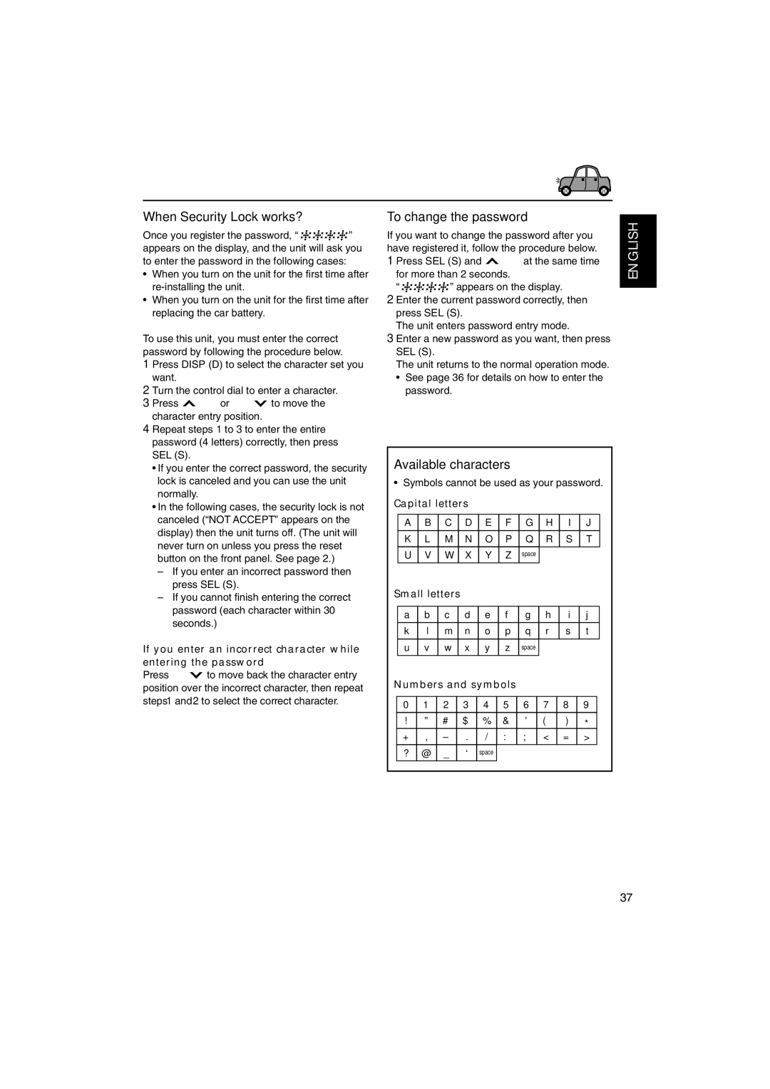 JVC KD-LX555R manual When Security Lock works?, To change the password, Available characters 