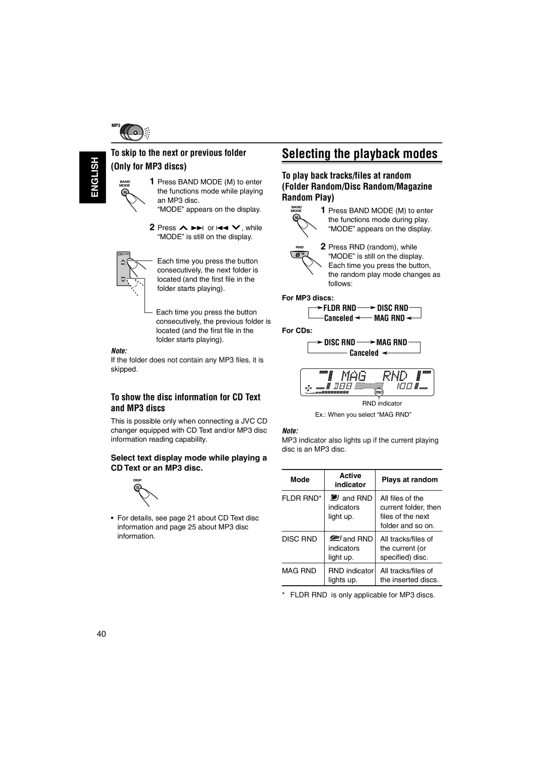 JVC KD-LX555R manual Selecting the playback modes, Canceled MAG RND, Disc RND MAG RND 