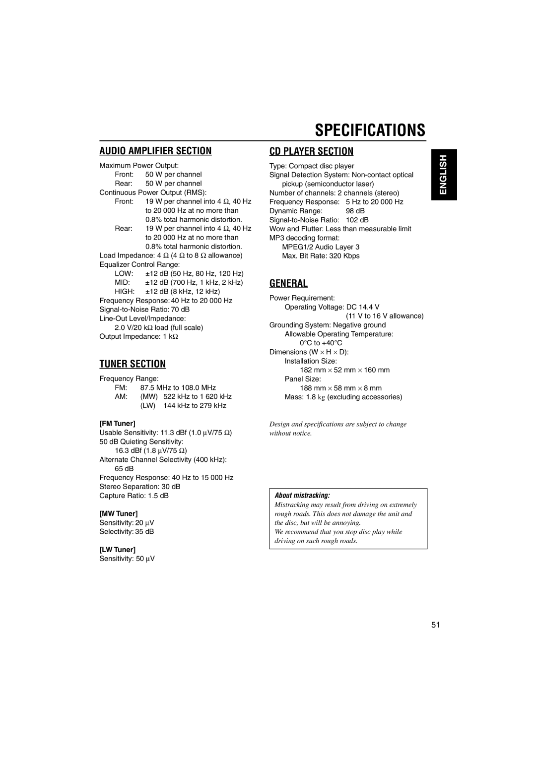 JVC KD-LX555R manual Specifications, FM Tuner, MW Tuner, LW Tuner 