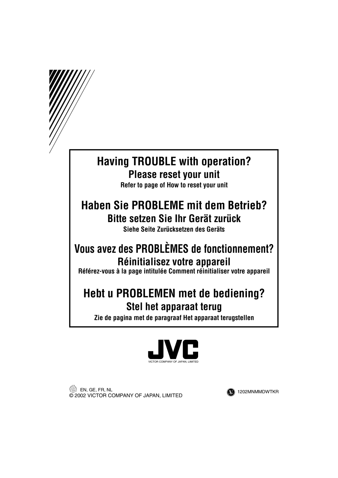 JVC KD-LX555R manual Having Trouble with operation?, EN, GE, FR, NL 1202MNMMDWTKR 