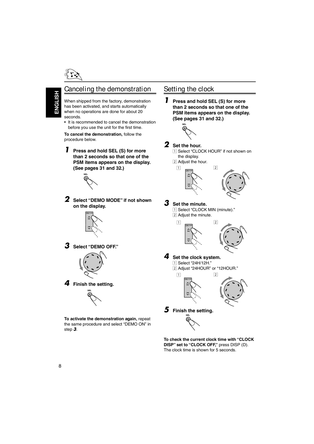 JVC KD-LX555R manual Setting the clock, Canceling the demonstration, Set the hour, Set the minute, Set the clock system 