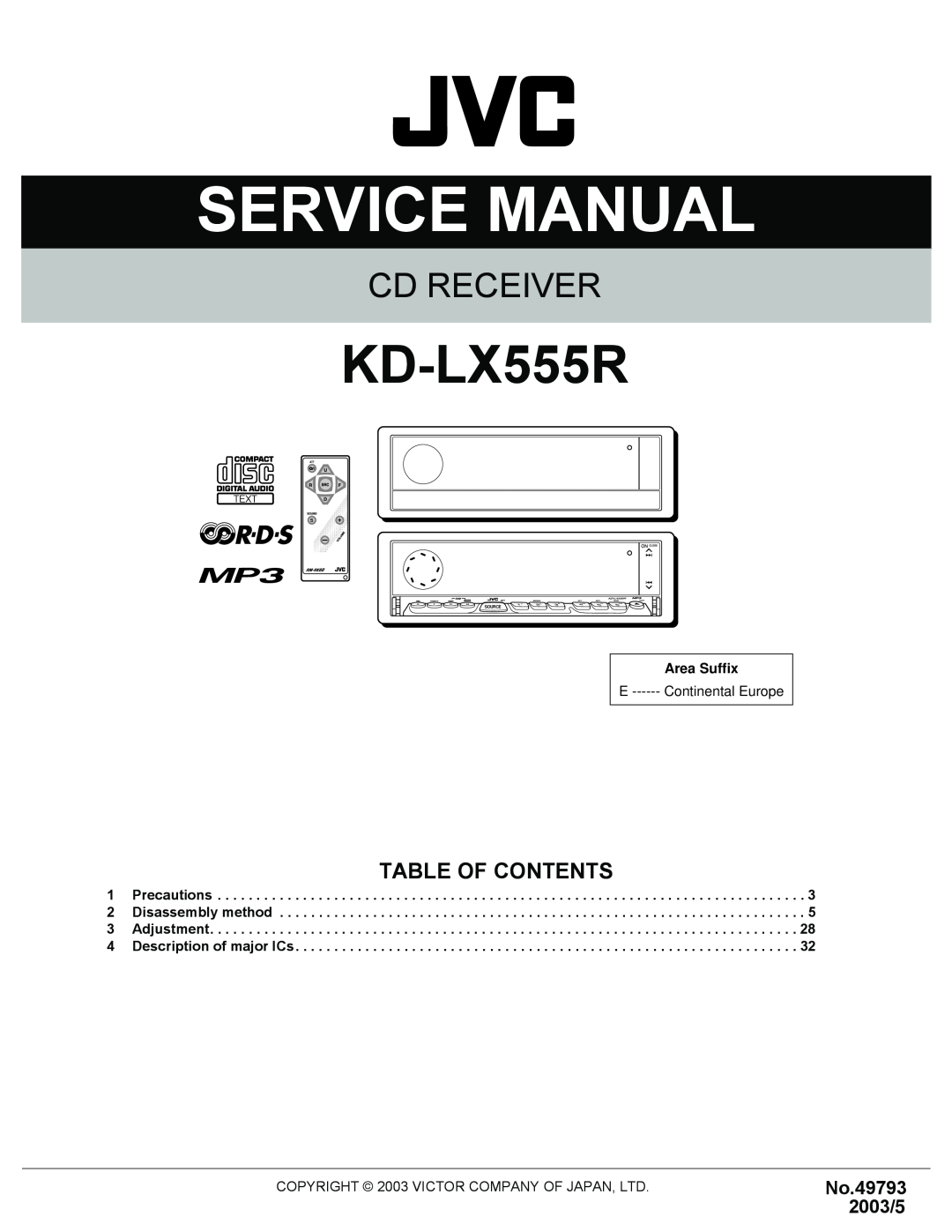 JVC KD-LX555R service manual Table Of Contents, Cd Receiver, No.49793 2003/5 