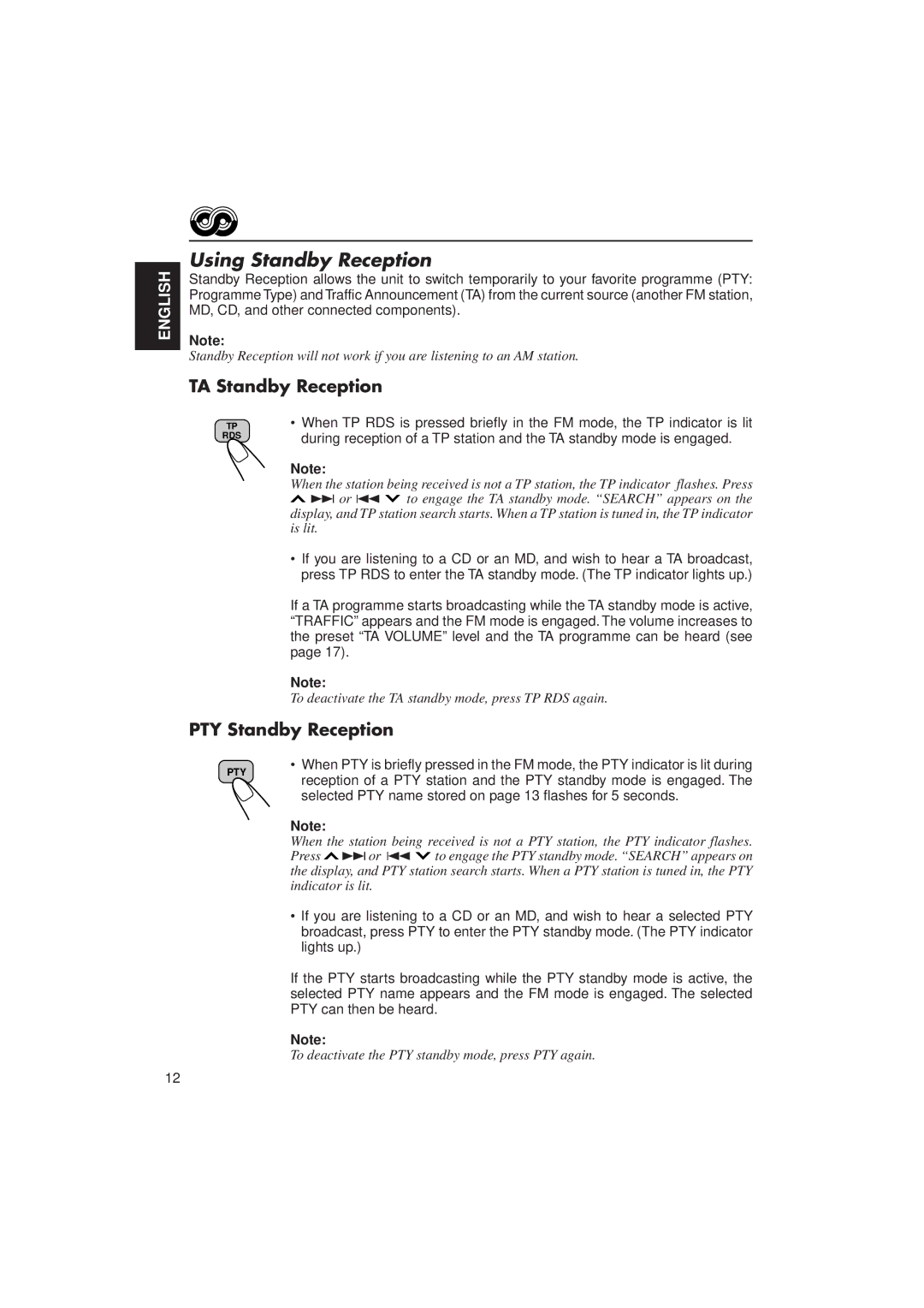 JVC KD-MX2900R manual Using Standby Reception, TA Standby Reception, PTY Standby Reception 