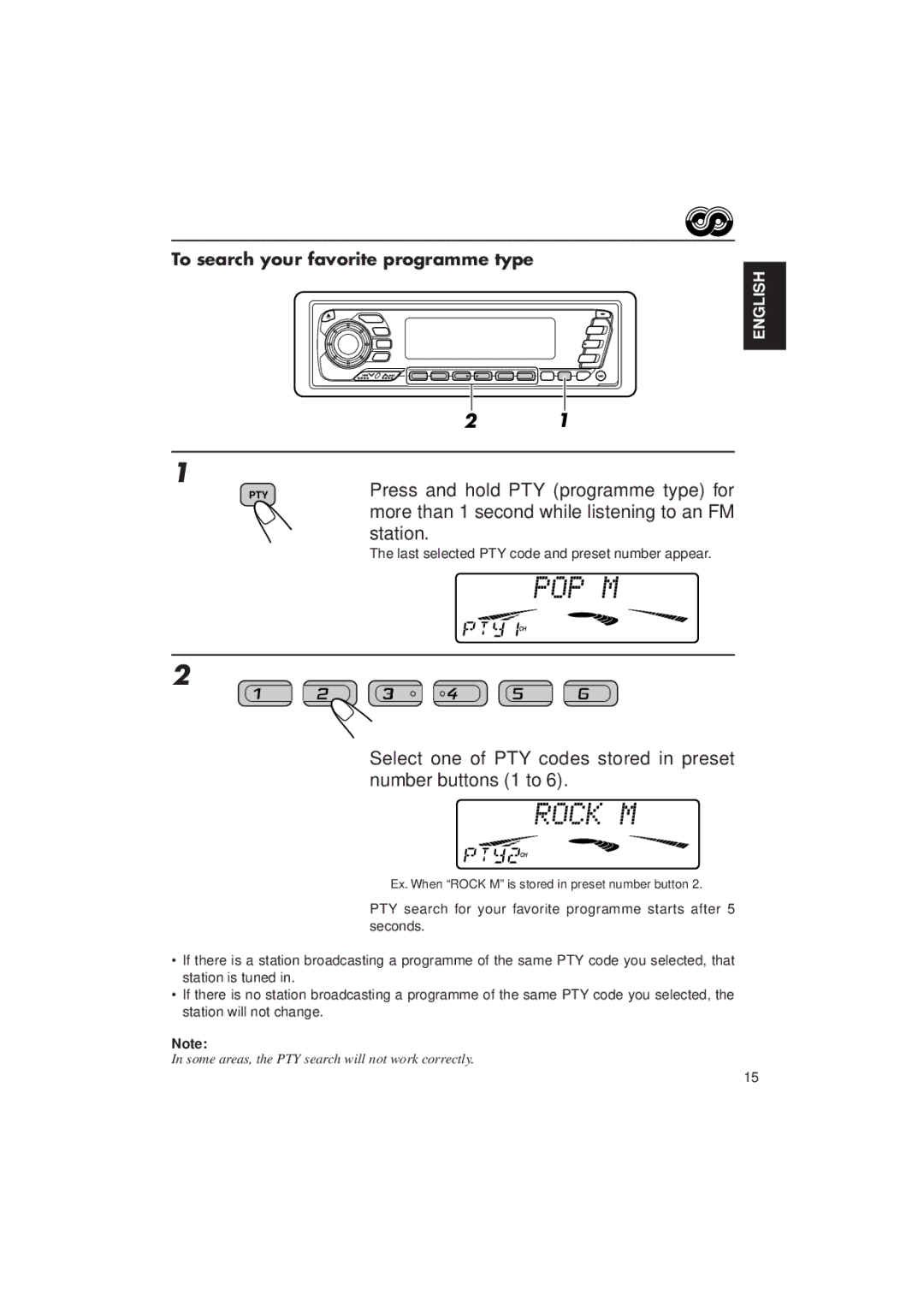 JVC KD-MX2900R manual To search your favorite programme type, Last selected PTY code and preset number appear 