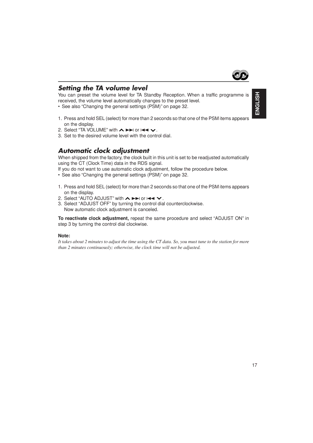 JVC KD-MX2900R manual Setting the TA volume level, Automatic clock adjustment 