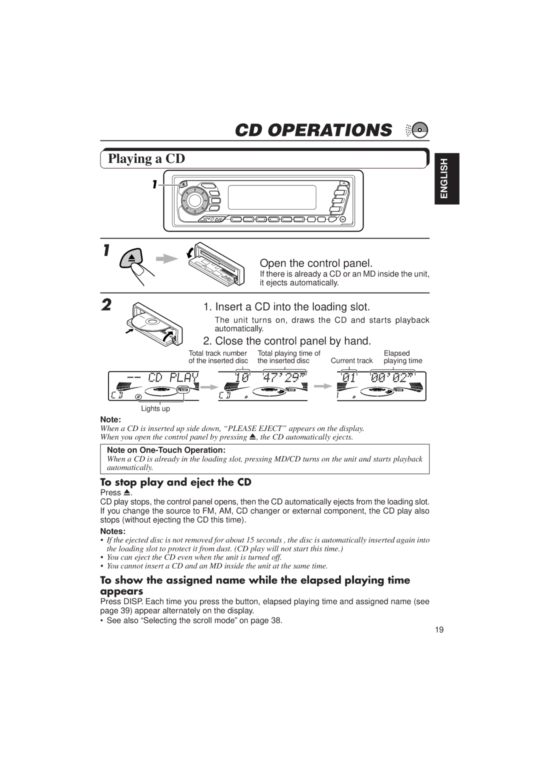 JVC KD-MX2900R manual CD Operations, Playing a CD, Open the control panel, Insert a CD into the loading slot 