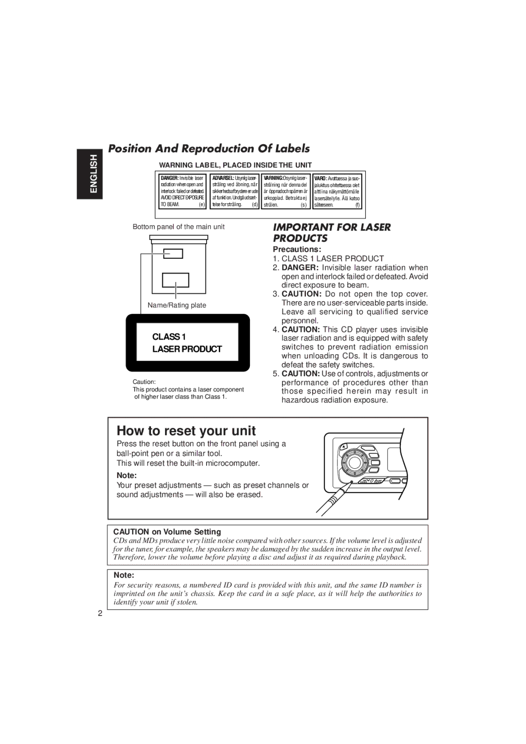 JVC KD-MX2900R manual Position And Reproduction Of Labels, Precautions 