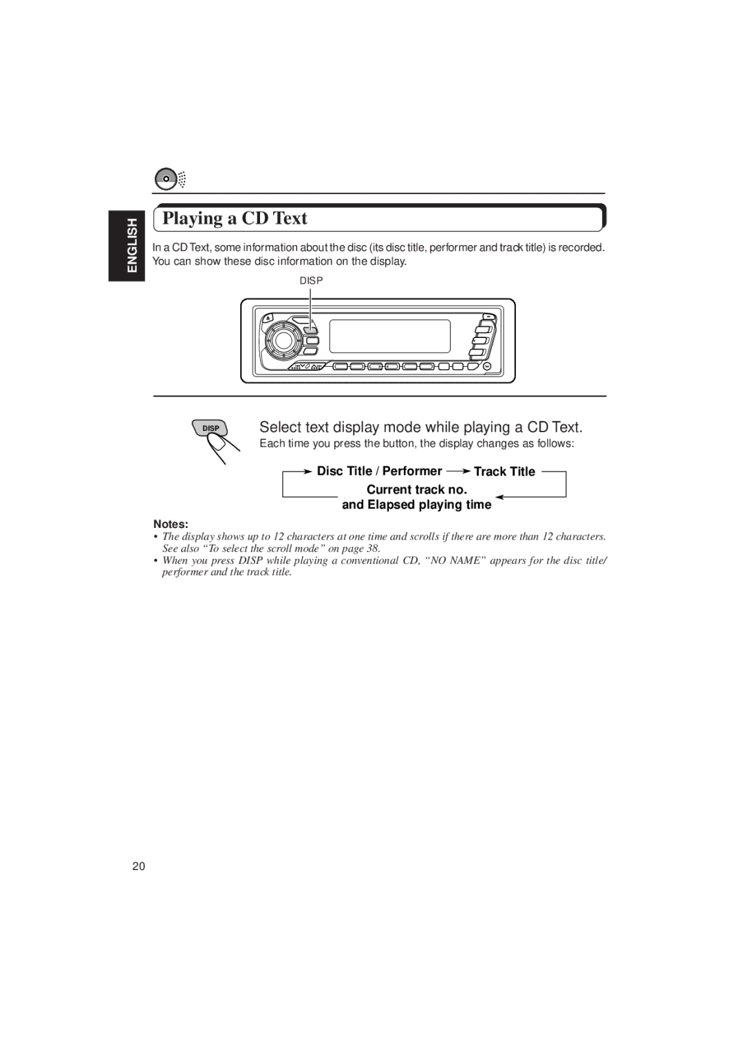 JVC KD-MX2900R manual Playing a CD Text, Select text display mode while playing a CD Text 